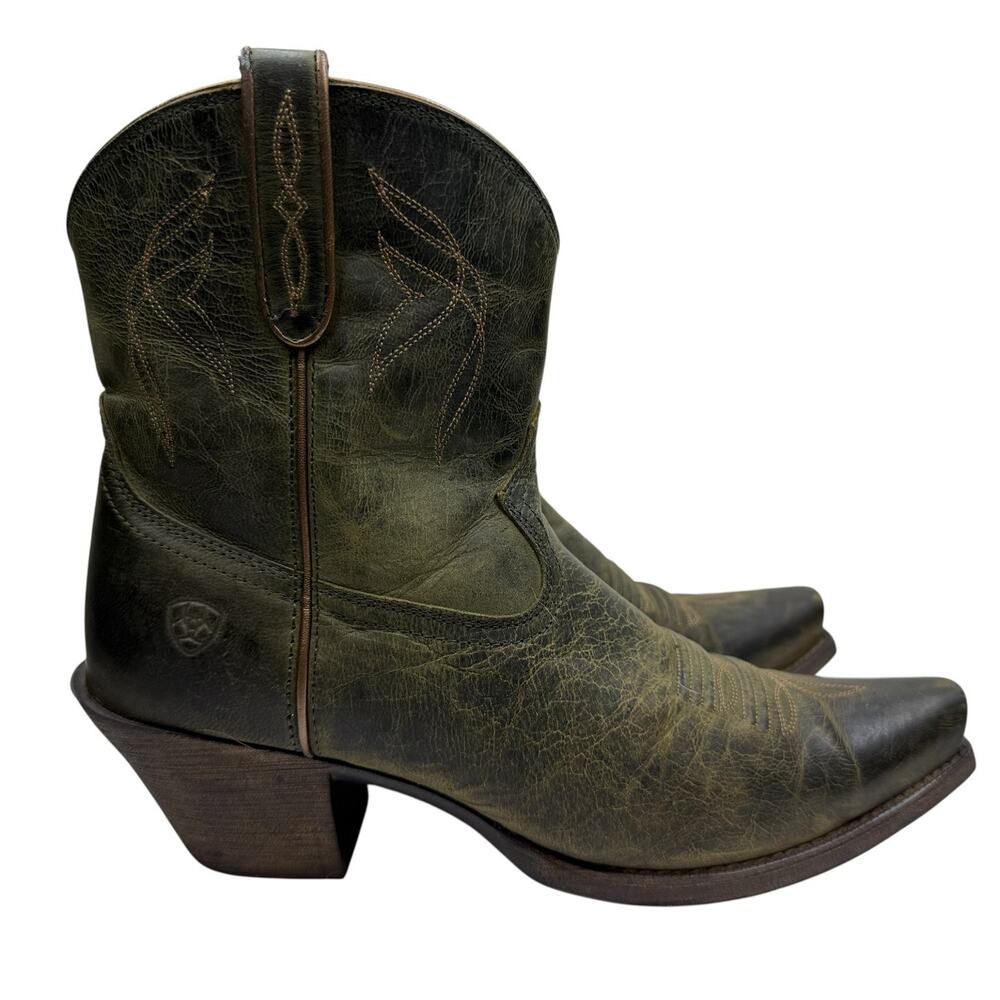 Ariat Women's Lovely Western Ankle Boots Distressed Olive Green Leather US 9B